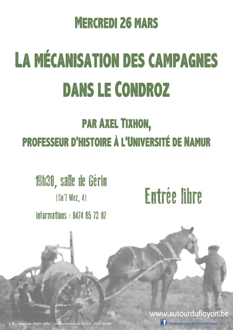 Visuel d’archive de la conférence sur la mécanisation agricole dans le Condroz.