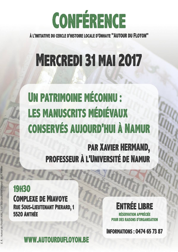 Affiche de la conférence sur les manuscrits médiévaux conservés à Namur.